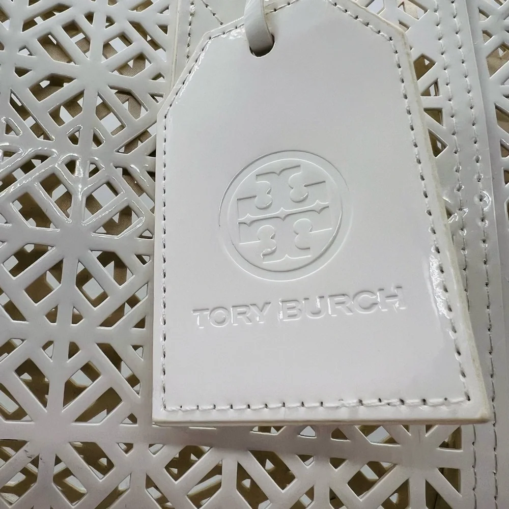 Tory Burch white geometric laser cut out tote bag